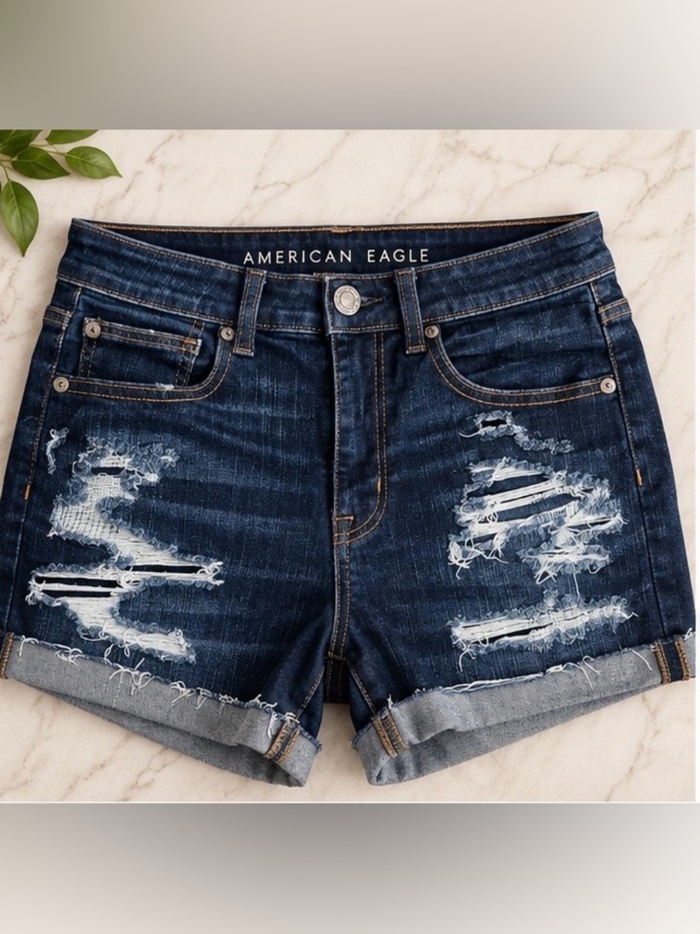 American Eagle Outfitters Dark Blue Distressed Denim Roll-Cuff Shorts